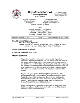 City of Hampton, VA 22 Lincoln Street Meeting Minutes Hampton, VA 23669 City Council