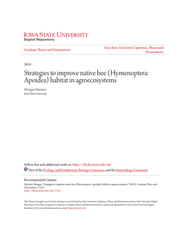 Hymenoptera: Apoidea) Habitat in Agroecosystems Morgan Mackert Iowa State University