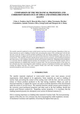 Comparison of the Mechanical Properties and Corrosion Resistance of Zirlo and Other Zirconium Alloys