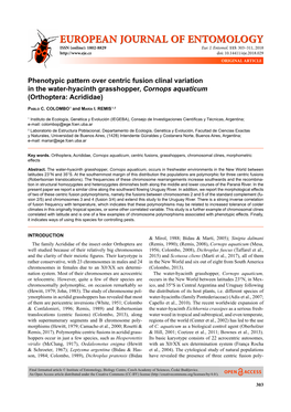 Phenotypic Pattern Over Centric Fusion Clinal Variation in the Water-Hyacinth Grasshopper, Cornops Aquaticum (Orthoptera: Acrididae)