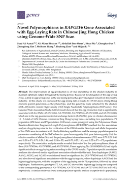 Novel Polymorphisms in RAPGEF6 Gene Associated with Egg-Laying Rate in Chinese Jing Hong Chicken Using Genome-Wide SNP Scan