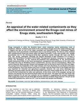 An Appraisal of the Water Related Contaminants As They Affect the Environment Around the Enugu Coal Mines of Enugu State, Southeastern Nigeria