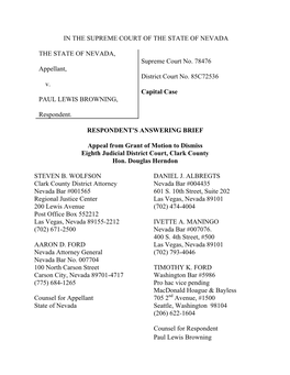 IN the SUPREME COURT of the STATE of NEVADA the STATE of NEVADA, Appellant, V. PAUL LEWIS BROWNING, Respondent. Supreme Court No