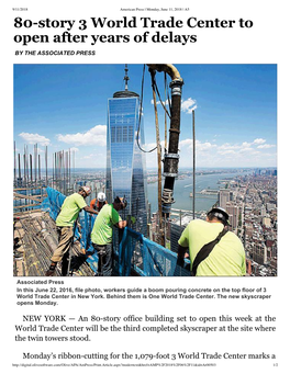 80Story 3 World Trade Center to Open After Years of Delays