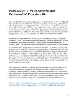 PAUL LIBERTI - Voice Actor/Muppet Performer/ VO Educator - Bio