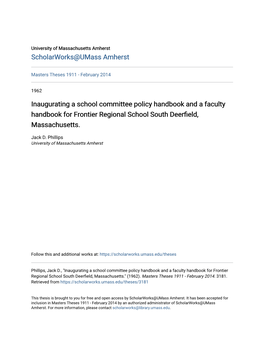 Inaugurating a School Committee Policy Handbook and a Faculty Handbook for Frontier Regional School South Deerfield, Massachusetts