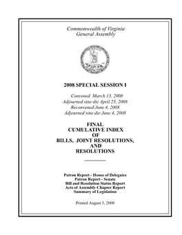 Commonwealth of Virginia General Assembly 2008 SPECIAL SESSION