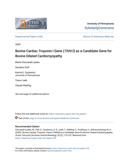 Bovine Cardiac Troponin I Gene (TNNI3) As a Candidate Gene for Bovine Dilated Cardiomyopathy