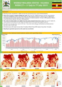 WEEKLY MALARIA STATUS - UGANDA WEEK 27— 1St July to 7Th July 2019