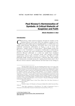 Paul Ricoeur's Hermeneutics of Symbols: a Critical Dialectic Of