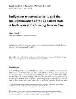 Indigenous Temporal Priority and the (De)Legitimization of the Canadian State: a Book Review of on Being Here to Stay