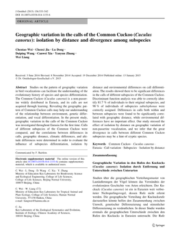 Cuculus Canorus): Isolation by Distance and Divergence Among Subspecies