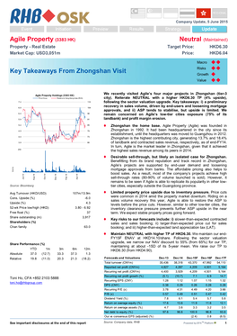 Agile Property (3383 HK) Neutral (Maintained) Property - Real Estate Target Price: HKD6.30 Market Cap: USD3,051M Price: HKD6.04