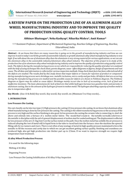 A Review Paper on the Production Line of an Aluminum Alloy Wheel Manufacturing Industry and to Improve the Quality of Production Using Quality Control Tools
