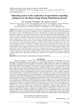 Educating Society in the Eradication of Superstitions Regarding Getting Son by the Boon of Sage During Mahabharata Period
