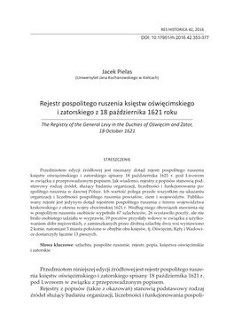 Rejestr Pospolitego Ruszenia Księstw Oświęcimskiego I Zatorskiego Z 18 Października 1621 Roku
