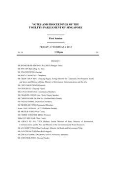 Votes and Proceedings of the Twelfth Parliament of Singapore