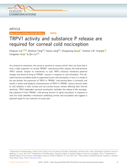 TRPV1 Activity and Substance P Release Are Required for Corneal Cold Nociception