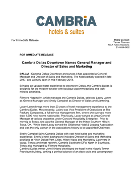 Cambria Dallas Downtown Names General Manager and Director of Sales and Marketing