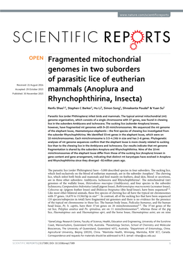 Fragmented Mitochondrial Genomes in Two Suborders of Parasitic Lice of Eutherian Mammals (Anoplura and Rhynchophthirina, Insecta)