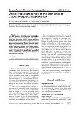 Antimicrobial Properties of the Stem Bark of Saraca Indica (Caesalpiniaceae)