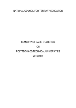 National Council for Tertiary Education Summary of Basic Statistics On