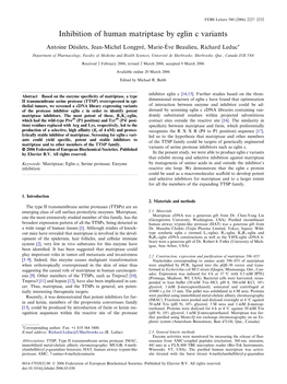 Inhibition of Human Matriptase by Eglin C Variants