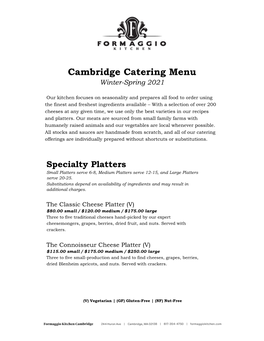 Cambridge Catering Menu Winter-Spring 2021