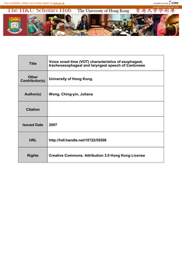 Voice Onset Time (VOT) Characteristics of Esophageal, Title Tracheoesophageal and Laryngeal Speech of Cantonese