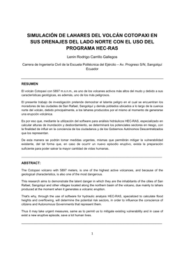 Simulación De Lahares Del Volcán Cotopaxi En Sus Drenajes Del Lado Norte Con El Uso Del Programa Hec-Ras