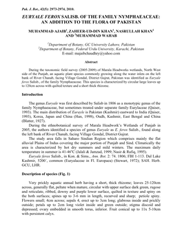 Euryale Ferox Salisb. of the Family Nymphaeaceae: an Addition to the Flora of Pakistan