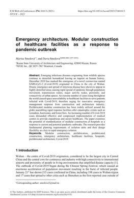 Emergency Architecture. Modular Construction of Healthcare Facilities As a Response to Pandemic Outbreak
