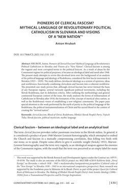 Pioneers of Clerical Fascism? Mythical Language of Revolutionary Political Catholicism in Slovakia and Visions of a “New Nation”1