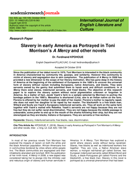 Slavery in Early America As Portrayed in Toni Morrison's a Mercy And