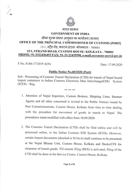 (CTD) for Transit of Nepal Bound Import Container in Indian Custom