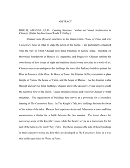 ABSTRACT HOLLIS, AMANDA JULIA. Creating Structure: Verbal and Visual Architecture in Chaucer. (Under the Direction of Linda T