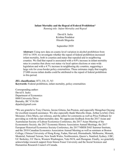 Infant Mortality and the Repeal of Federal Prohibition* Running Title: Infant Mortality and Repeal