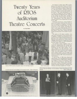 Auditorium Theatre to Observe the 20Th Anniversary of Concerts There, Spon­ Twentyyears Sored by the Rochester Theatre Organ Soci­ Ety