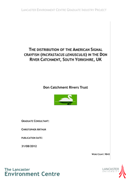 The Distribution of the American Signal Crayfish (Pacifastacus Leniusculis) in the Don River Catchment, South Yorkshire, Uk