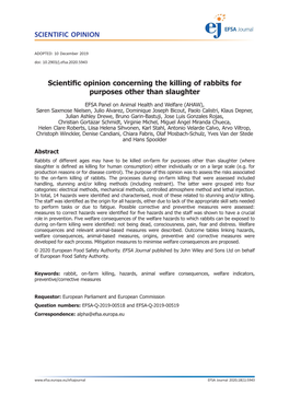 Scientific Opinion Concerning the Killing of Rabbits for Purposes Other Than Slaughter