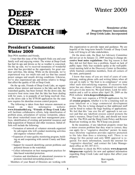 Winter 2009 CREEK Newsletter of the Property Owners’ Association DISPATCH ➠ of Deep Creek Lake, Incorporated