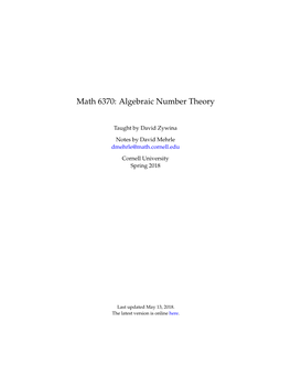 Math 6370: Algebraic Number Theory