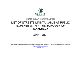 List of Streets Maintainable at Public Expense Within the Borough of Waverley