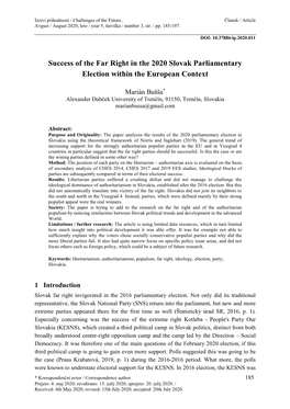 Success of the Far Right in the 2020 Slovak Parliamentary Election Within the European Context