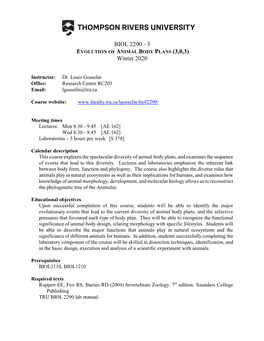 BIOL 2290 - 3 EVOLUTION of ANIMAL BODY PLANS (3,0,3) Winter 2020