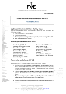 Animal Welfare Activity Update Report May 2020 for INFORMATION Update Activities Animal Welfare Working Group. Working Group M