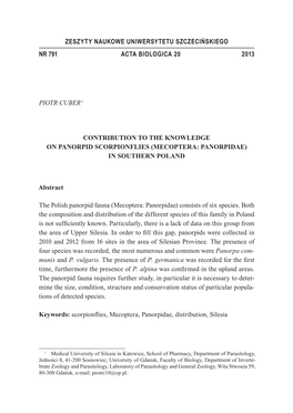 ZESZYTY NAUKOWE UNIWERSYTETU SZCZECIŃSKIEGO NR 791 ACTA BIOLOGICA 20 2013 Piotr CUBER 1 Contribution to the KNOWLEDGE ON