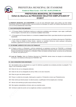 PREFEITURA MUNICIPAL DE ITANHOMI Estado De Minas Gerais - CGC/MF: 18.493.239/0001-06