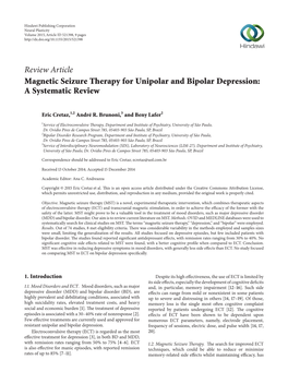Review Article Magnetic Seizure Therapy for Unipolar and Bipolar Depression: a Systematic Review