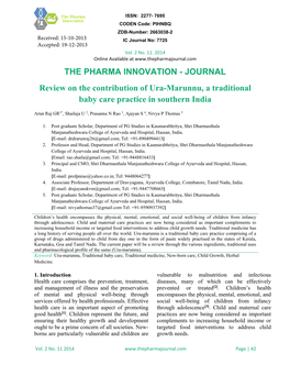 JOURNAL Review on the Contribution of Ura-Marunnu, a Traditional Baby Care Practice in Southern India